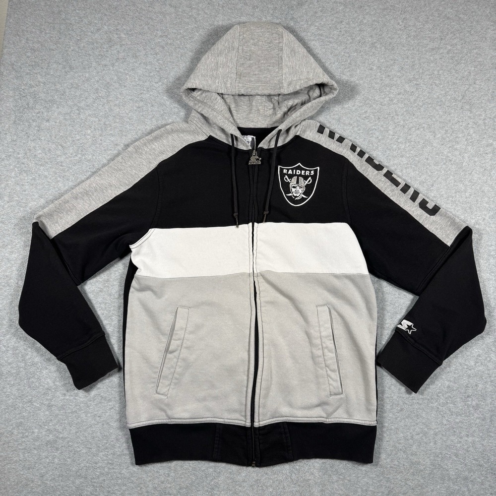 Starter Raiders Full Zip Hoodie Men's M Black Gray Spellout NFL Football